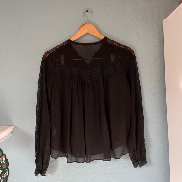 rebecca taylor lace sheer silk lace long sleeve top black button up raw hem 0 - Picture 2 of 8